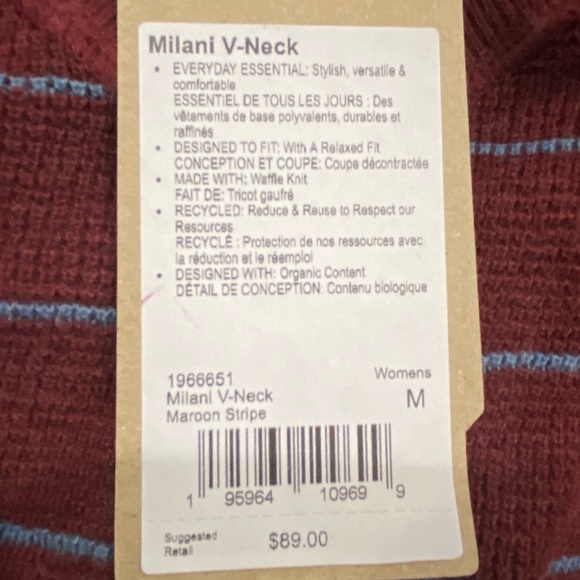 PRANA Women's Milani V-Neck Shirt Maroon Stripe Size Medium New - Picture 7 of 9